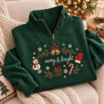 Embroidered Christmas Quarter Zip Sweatshirt Merry Bright Holiday Pullover - Image 4