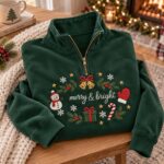 Embroidered Christmas Quarter Zip Sweatshirt Merry Bright Holiday Pullover - Image 2