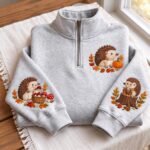 Embroidered Fall Hedgehog Quarter Zip Pullover, Autumn Pumpkin Sleeve Sweatshirt