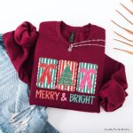 Merry and Bright Sweatshirt, Minimalist Christmas Sweater, Cute Coquette Bow Tree Crewneck - Image 7