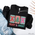 Merry and Bright Sweatshirt, Minimalist Christmas Sweater, Cute Coquette Bow Tree Crewneck - Image 2