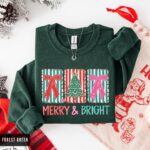 Merry and Bright Sweatshirt, Minimalist Christmas Sweater, Cute Coquette Bow Tree Crewneck - Image 6