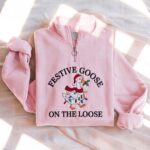 Embroidered Festive Goose On The Loose Quarter Zip Sweatshirt, Christmas Light Sweatshirt - Image 6