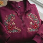 Holly Berry Xmas Embroidered Quarter Zip Sweatshirt, Holiday Wreath Pullover