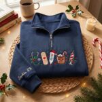 Embroidered Christmas Nurse Quarter Zip Sweatshirt, Christmas Healthcare Sweatshirt - Image 7