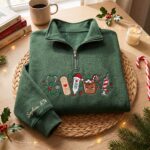 Embroidered Christmas Nurse Quarter Zip Sweatshirt, Christmas Healthcare Sweatshirt - Image 5