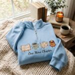 Embroidered Fall Coffee Friends Quarter Zip Sweatshirt, Cozy Reading Sweatshirt - Image 3