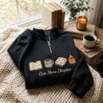 Embroidered Fall Coffee Friends Quarter Zip Sweatshirt, Cozy Reading Sweatshirt