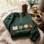 Embroidered Fall Coffee Friends Quarter Zip Sweatshirt, Cozy Reading Sweatshirt - Image 6