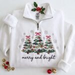 Merry and Bright Quarter Zip, Christmas Tree Sweatshirt, Pink Holiday Pullover - Image 4