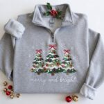 Merry and Bright Quarter Zip, Christmas Tree Sweatshirt, Pink Holiday Pullover - Image 5