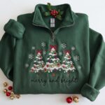 Merry and Bright Quarter Zip, Christmas Tree Sweatshirt, Pink Holiday Pullover - Image 7