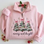 Merry and Bright Quarter Zip, Christmas Tree Sweatshirt, Pink Holiday Pullover - Image 6