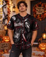 Halloween Horror Baseball Jersey, Masked Slasher Button Up Shirt, Spooky Haunted House Top - Image 3