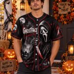 Halloween Horror Baseball Jersey, Masked Slasher Button Up Shirt, Spooky Haunted House Top