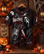Halloween Horror Baseball Jersey, Masked Slasher Button Up Shirt, Spooky Haunted House Top - Image 5