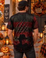 Halloween Horror Baseball Jersey, Nightmare Slasher Button Up Shirt, Claw Mark Spooky Jersey - Image 4