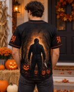 Halloween Horror Baseball Jersey, Masked Slasher Button Up Shirt, Haunted House Pumpkin Jersey - Image 4