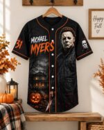 Halloween Horror Baseball Jersey, Masked Slasher Button Up Shirt, Haunted House Pumpkin Jersey - Image 5