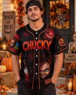 Halloween Horror Baseball Jersey, Creepy Doll Button Up Shirt, Stitched Slasher Jersey - Image 3