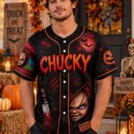 Halloween Horror Baseball Jersey, Creepy Doll Button Up Shirt, Stitched Slasher Jersey