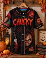 Halloween Horror Baseball Jersey, Creepy Doll Button Up Shirt, Stitched Slasher Jersey - Image 2