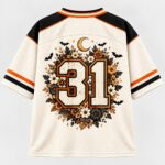 Vintage Ghost Floral Jersey, Halloween Sports Shirt, Gothic Pumpkin Design - Image 3