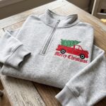 Embroidered Vintage Christmas Truck Quarter Zip Pine Tree Pullover, Merry Christmas Fleece Sweatshirt - Image 2