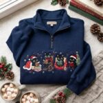 Christmas Black Cat Embroidered Sweatshirt, Cozy Reading Cat Quarter Zip - Image 2