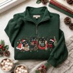 Christmas Black Cat Embroidered Sweatshirt, Cozy Reading Cat Quarter Zip - Image 4