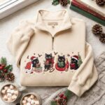 Christmas Black Cat Embroidered Sweatshirt, Cozy Reading Cat Quarter Zip