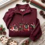Christmas Black Cat Embroidered Sweatshirt, Cozy Reading Cat Quarter Zip - Image 3