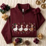 Christmas Goose Embroidered Quarter Zip Sweatshirt, Festive Duck Holiday Pullover - Image 3