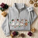 Christmas Goose Embroidered Quarter Zip Sweatshirt, Festive Duck Holiday Pullover - Image 2