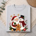 Santa Snowman Christmas Shirt, Cute Gingerbread Man Tee, Festive Trio Xmas Top - Image 2