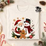Santa Snowman Christmas Shirt, Cute Gingerbread Man Tee, Festive Trio Xmas Top - Image 5
