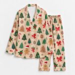 Gingerbread Christmas Satin Pajama Set, Christmas Tree Red Bow Candy Cane Pajamas - Image 2