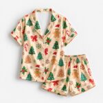 Gingerbread Christmas Satin Pajama Set, Christmas Tree Red Bow Candy Cane Pajamas - Image 3