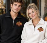 Embroidered Turkey Quarter Zip Pullover Fall Thanksgiving Sweatshirt - Image 3
