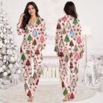 Christmas Satin Pajama Set for Women, Christmas Tree Pink Holiday Sleepwear,Festive Short Long Sleeve PJs - Image 2