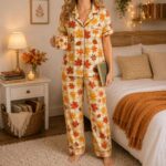 Fall Pajama Set for Women, Autumn Leaf Satin Sleepwear, Cute Thanksgiving Morning Outfit - Image 2