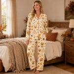 Fall Pajama Set for Women, Autumn Harvest Satin Sleepwear, Cozy Pumpkin Pajamas, Thanksgiving Set - Image 2