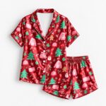 Red Christmas Satin Pajama Set, Christmas Tree Gingerbread Gift Snowflake Pajamas - Image 2