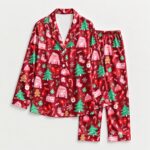 Red Christmas Satin Pajama Set, Christmas Tree Gingerbread Gift Snowflake Pajamas