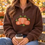 Embroidered Orange Gingham Pumpkin Quarter Zip - Image 3
