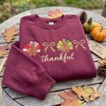 Thankful Turkey Embroidered Sweatshirt, Thanksgiving Crewneck, Cute Turkey Bow Sweater - Image 4