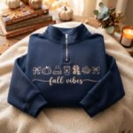 Embroidered Fall Vibes Quarter Zip Sweatshirt, Cozy Autumn Sweatshirt