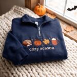 Embroidered Autumn Icons Quarter Zip Sweatshirt, Cozy Fall Sweatshirt, Fall Book Pumpkin Sweatshirt