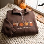 Embroidered Autumn Icons Quarter Zip Sweatshirt, Cozy Fall Sweatshirt, Fall Book Pumpkin Sweatshirt - Image 6