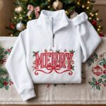 EMBROIDERED Merry Christmas Sweatshirt,Merry Christmas Quarter Zip Coquette Bow Holiday - Image 2